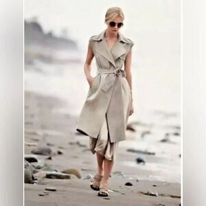 THEORY Jiliya Linen Sleeveless Natural Trench Long Vest